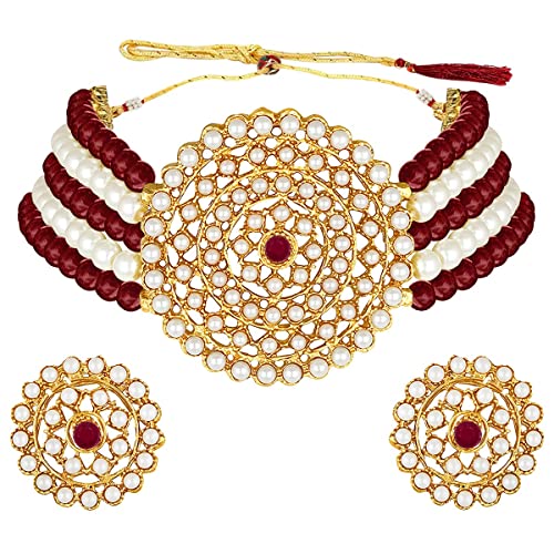 Aheli Pearl Diamond Choker Necklace & Round Earrings Gift for Women Indian Traditional Bollywood Fashion Bharatanatyam jewellery set - color: Maroon & White
