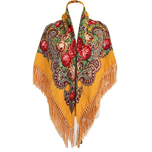 Gudessly Women's Traditional Scarf Wrap Tassel Fringes Neck Head Shawl Retro Scarf Floral Poncho Printing Square Cape 50inch - color: Yellow