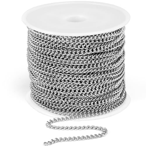 33FT Stainless Steel Curb Chain Roll, 4mm 304 Stainless Steel Flat Twisted Links Curb Chains Bulk Spool for Jewelry Making Necklace DIY Craft - color: Stainless Steel, size: 4.0mm width