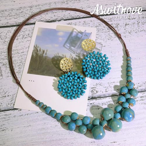 2 Pcs Hippie Boho Colorful Ceramic Beaded Necklace and Earrings Set for Women Adjustable Chunky Round Beads Strand Statement Necklace Colorful Summer Beaded Earrings Bohemian Jewelry Gift - color: Peacock Blue