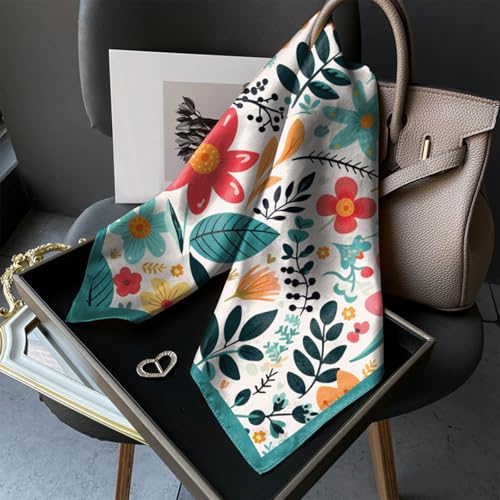 Scarf Silk Feeling Square Satin Head Hair Scarf Wrap 27.5 Inches Headwear Aesthetic Cute Decoration Women Girls - color: V-19-red Flower