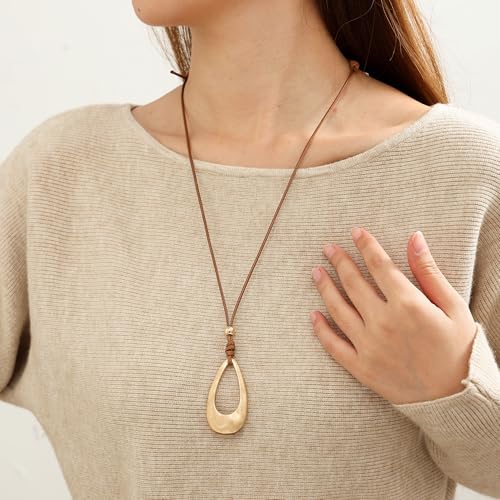 Brushed Gold Plated Classic Teardrop Pendant Long Necklace for Women, Adjustable Length Brown Wax Cord Sweater Chain Fashion Jewelry Gifts - color: Brushed Silver