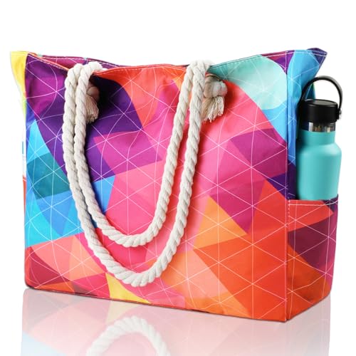 Clothirily Beach Bag for Women - Large Beach Tote Bag, Waterproof Sandproof Beach Bag with Zipper, Large Swim Pool Beach Tote - color: Rainbow