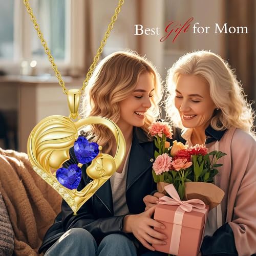 Mothers Day Gifts 14K Yellow Gold Mother Daughter Heart Pendant Necklace with 12 Months Birthstone Birthday Gifts for Mom Anniversarry Jewelry for Mom Wife Girlfriend - color: 09-09-Sept-Sept Birthstone