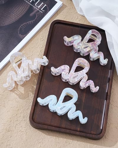 4Pcs Large Hair Claw Clips, Nonslip Cute Jelly Hair Clips for Thick Hair and Long Hair - color: Wave-Silver + Rose Pink + Purple + Blue