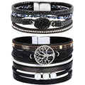 Boho Leather Wrap Bracelets Bohemian Crystal Bracelets Trendy Layered Bracelet with Magnetic Clasp Jewelry Gifts for Women - color: Black