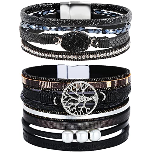 Boho Leather Wrap Bracelets Bohemian Crystal Bracelets Trendy Layered Bracelet with Magnetic Clasp Jewelry Gifts for Women - color: Black
