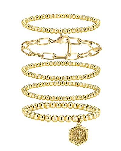 Gold Beaded Bracelet for Women - 14K Real Gold Plated Bead Bracelet Stretchable Elastic Chain Ball Bracelet Kit Jewelry Gifts with Letter Pendant - color: Gold-J