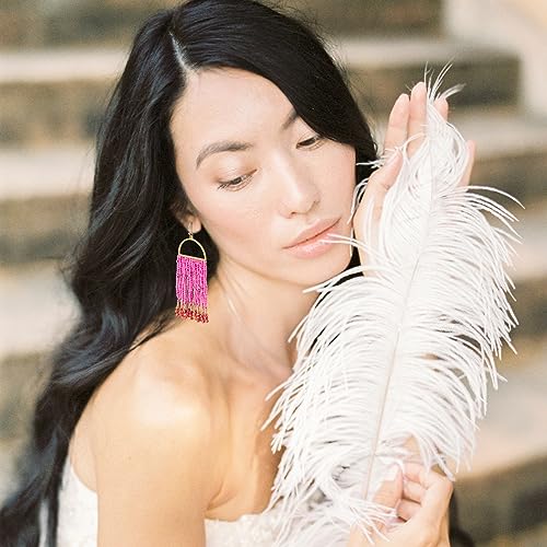 Bohemia Beaded Dangle Earrings - Handmade Seed Bead Earrings, Statement Beaded Tassel Earrings for Women - color: HOT PINK
