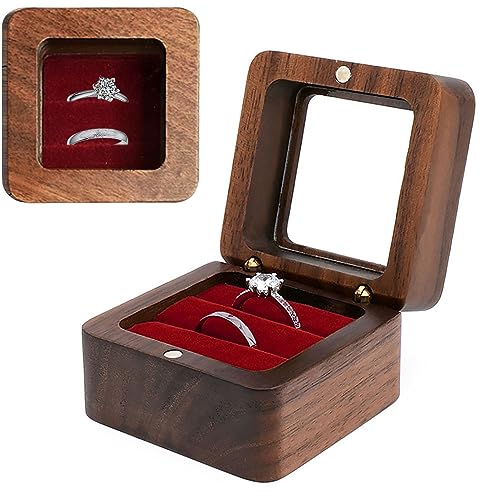 Wooden Ring box，Clear Skylight Ring Case,Solid Wood Square Jewelry Storage Box-ring bearer pillow for Wedding Ceremony, Engagement(red velvet) - color: Transparent skylight - 1 slot - Red velvet