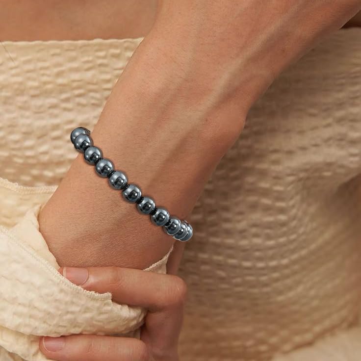 Gnamy Healing Crystal Bracelet for Women, Natural Stone Beaded Healing Crystal Bracelet Triple Protection Stress Relief Beads Jewelry Birthday Gifts Jewelry for Her - style: Hematite