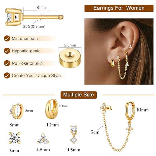 Turandoss Gold Earring for Women, 14K Gold Plated Hypoallergenic Chain Earring Dainty Huggie Flat Back Earrings Earring Stack for Multiple Piercings