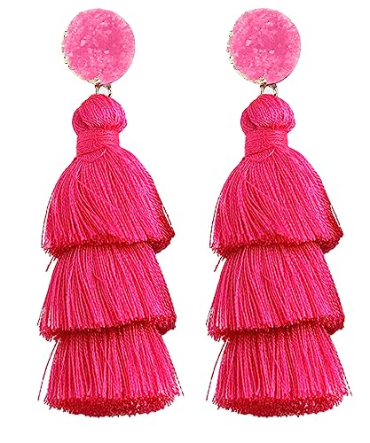 Tassel Earrings for Women - Colorful Layered Tassle Dangle Drop Earrings - color: Pink