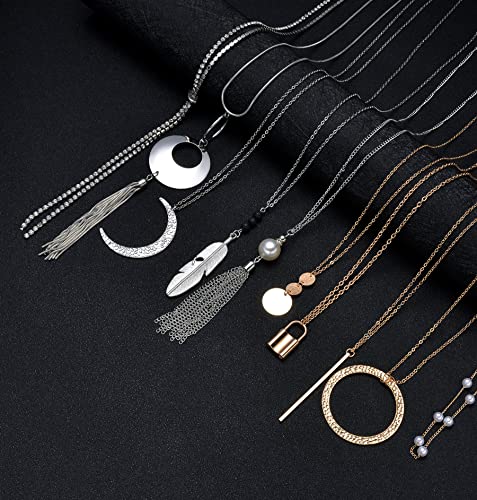10Pcs Long Pendant Necklace Simple Moon Bar Three Triangle Tassel Lock Sweater Y Shape Punk Chain Choker Necklace for Women Men Gold Silver Plated - style: E:10Pcs (Lock)