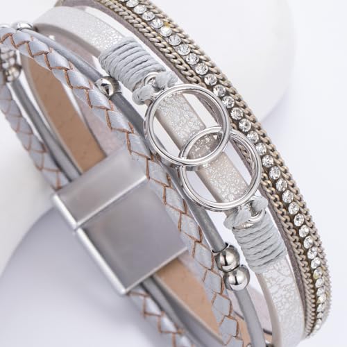 FANCY SHINY Boho Leather Wrap Bracelet Stackable Infinity Chunky Cuff Bracelets Western Hippie Outfits Jewelry Valentine Gifts for Women - color: Silver