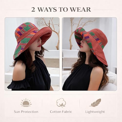 Wide Brim Sun Hat for Women Reversible Beach Hats Metal Wired Edge Gardening Hats, UPF 50+ Bucket Summer Hat - color: Reddish Brown Boho-style