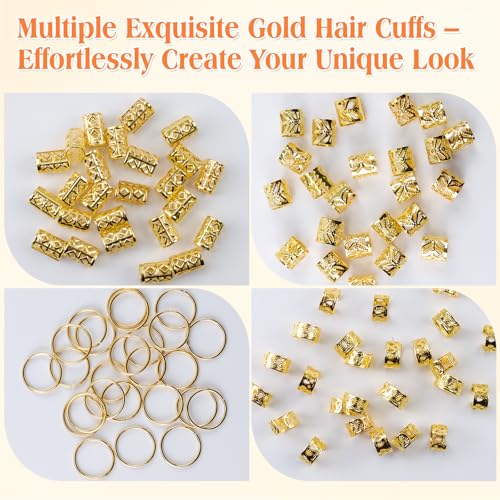 100 Pcs Gold Hair Jewelry for Braids,4 Styles Dreadlock Accessories, Adjustable Metal Hair Clips, Hair Cuff Rings Braiding Decorations for Women Men - color: Gold-100pcs