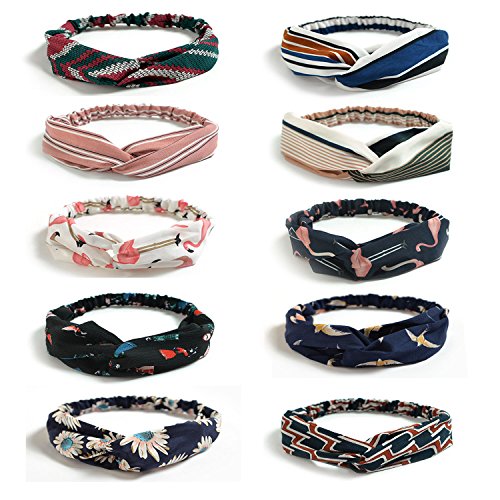DRESHOW 10 Pack Boho Headbands for Women Girls Criss Cross Elastic Hair Bands Yoga Flower Headwraps Accessories - color: 10 Pack C: Flower Printed Series VII