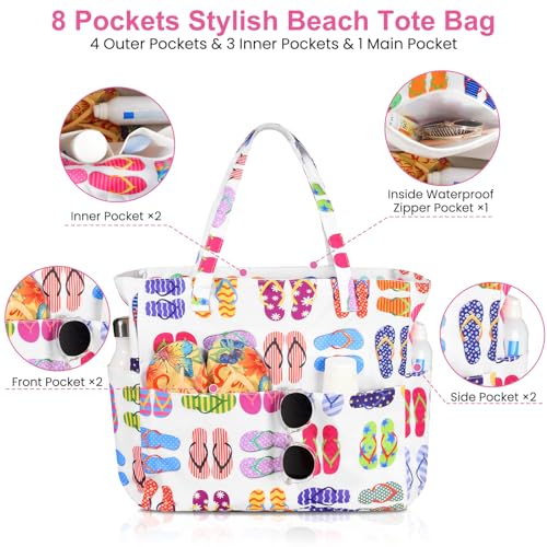 Trifabricy Beach Bags for Women Waterproof Sandproof Women Tote Bag, Large Beach Bag with Zipper for Gym Travel Vocation - color: White Slippers