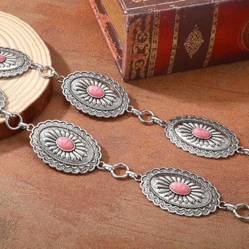XZQTIVE Women Boho Chain Belts For Dresses Jeans Western Cowgirl Waist Links Belt Adjustable Metal Concho Belt - size: Fit Waist upto 36inches, style: Pink Turquoise Silver
