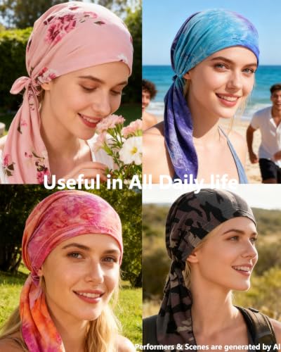 Chemo Headwear for Women Pre-Tied Head Scarf Headwraps Soft Turbans Cancer Hats Chemo Beanie Coverings Scarves - color: Black Pink Flower