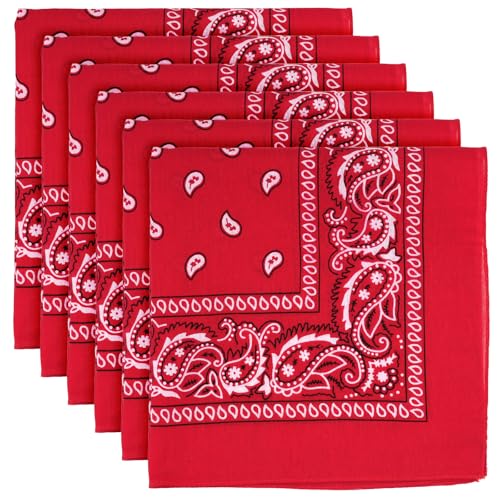 6 Pack Pure Cotton Bandana, Multi-Purpose Square Handkerchief, Face Mask headband for Men and Women - color: Red