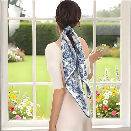 Premium Floral Scarf for Women 35x35 Square Silk Feel-Lightweight Scarves Headscarf Bandanas Wrapping Handbag - color: Big Blue Butterfly