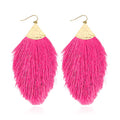 Bohemian Silky Thread Fan Fringe Tassel Statement Earrings - Lightweight Strand Feather Shape Dangles - color: Feather Fringe - Hot Pink