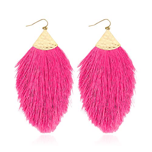 Bohemian Silky Thread Fan Fringe Tassel Statement Earrings - Lightweight Strand Feather Shape Dangles - color: Feather Fringe - Hot Pink