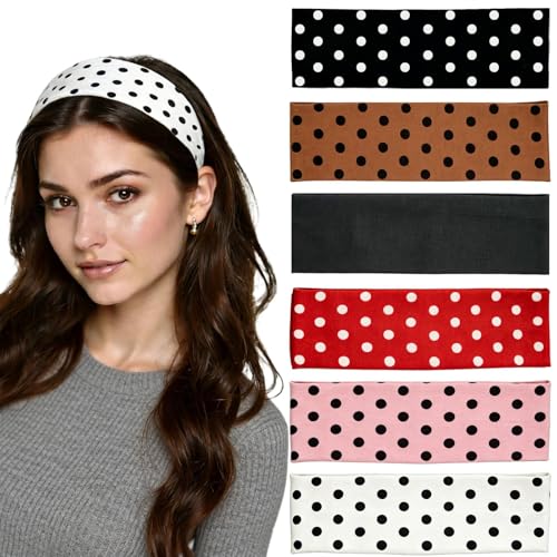 6 PCS Polka Dot Headbands for Women Non Slip Soft Elastic Wide Headband Fashion Yoga Workout Hair Accessories - color: Polka Dot Print