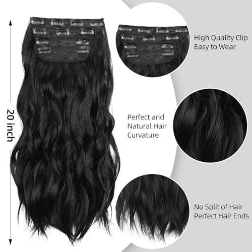 Black 20 Inch Thick Hairpieces Long Wavy Natural Synthetic Clip in Hair Extensions, for Women (4pcs, 20Inch, 1B#) - color: 1B-Black