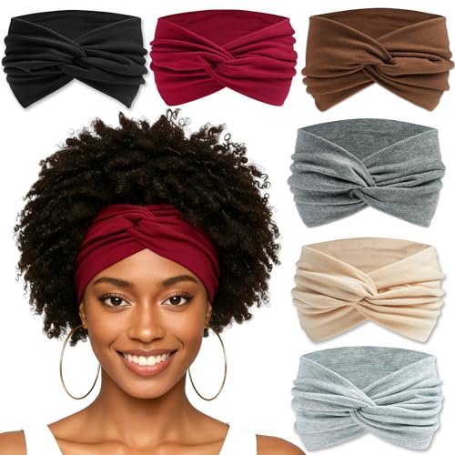 6 Pack Boho Headbands for Women Wide Twist Knotted Head Wraps Turban Stretchy Leopard Hair Bands Elastic Non-Slip Workout Head Wraps Accessories (Soild Color 2) - color: Soild Color 2