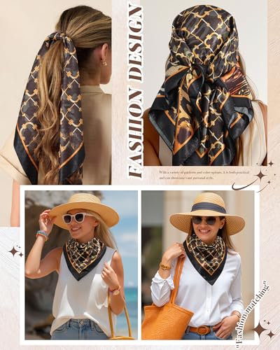 AWAYTR 35” Square Satin Head Scarf Hair Scarf for Women's Hair Silk Bandana for Women Silk Head Wrap for Sleeping - color: Cashew Print (Leopard Color)