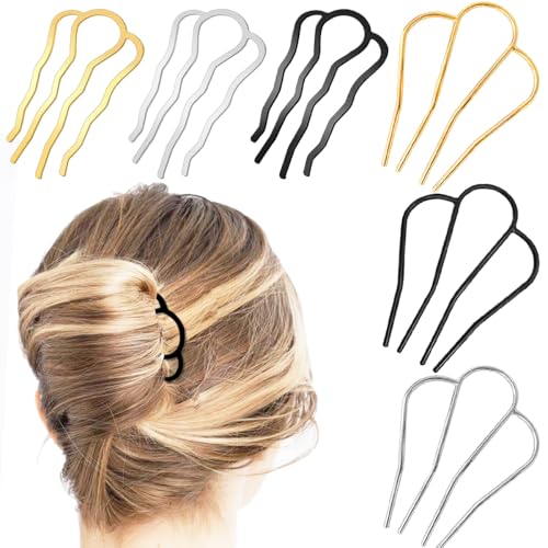 6 Piece Metal Hair Side Combs Hair Fork Clip Pins for Updo Bun, U Shape for Vintage Hairstyle Hair Accessories (Black/Silver/Gold-4 Teeth) - color: Black/Silver/Gold-4 Teeth