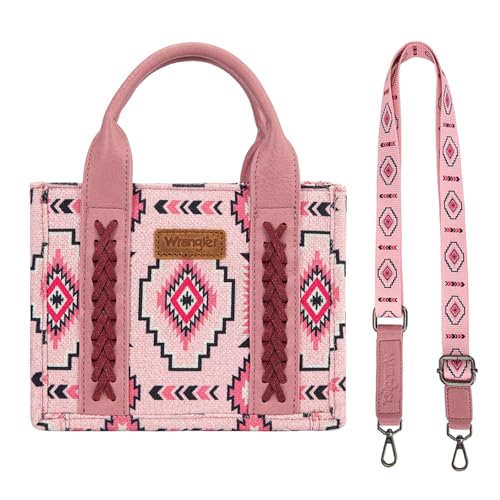 Wrangler Mini Aztec Tote Bag for Women Boho Small Top Handle Purse with Adjustable Strap - color: Boho Pink