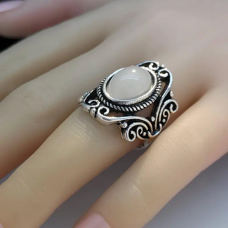 JerMrasra 925 Sterling Silver Vintage Natural Moonstone Rings Antique Boho Ladies Jewelry Elegant Gemstone Wedding Rings Geometric Cut-Out Filigree Women’s Ring Cocktail Party Rings 9 - size: 9