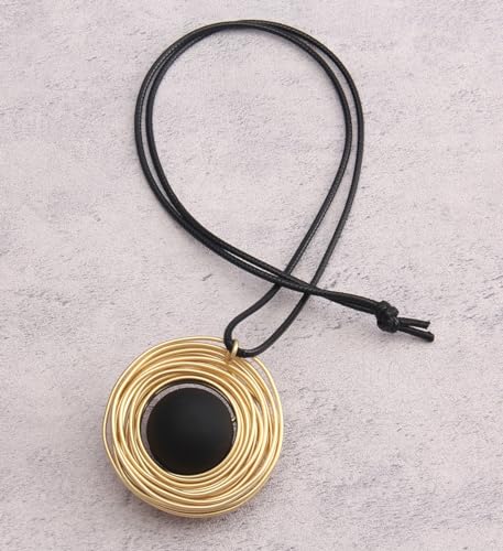 PU Leather Necklace Vintage Boho Style Multilayer Pendant Long Sweater Necklace Jewelry for Women Men with Adjustable Leather Cord - color: Gold Black Round Pendant Necklace