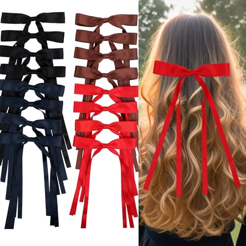 WORTL Hair Bows Clips Coquette Ribbon Bowknot with Long Tail Princess Hair Bows French Barrettes Hair Accessories for Women Girls 16PCS (Red, Brown, Dark Blue, Black) - color: Red, Brown, Dark Blue, Black