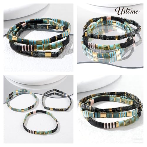 Tila Flat Square Stack Beaded Bracelets Set for Women Men, Boho 3Pcs Romantic Handmade Healing Gold Colorful Stretch Accessories Jewelry, Daily Vacation Party Holiday Friendship Gift - color: Green Black