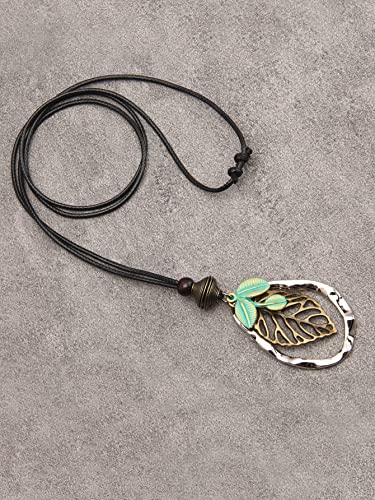 GelConnie Leather Cord Necklace Chain Multilayer Wooden Pendant Necklaces Vintage Jewelry Boho Long Sweater Necklace for Women Men - color: Leaves Leather Necklace