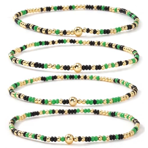 Boho 4Pcs Stack Colorful Small Seed Beaded Bracelets Set for Women, Cute Handmade Dainty Trendy Gold Plated Stretch Accessories Thin Glass Jewelry, Summer Daily Party Friendship Gift - color: Green