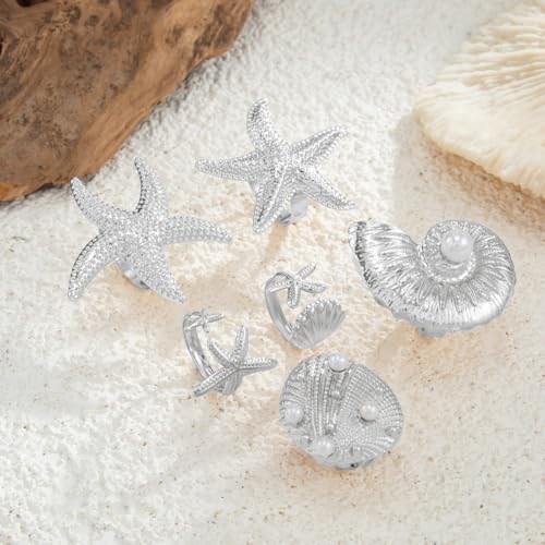 MIFYNN Chunky Gold Starfish Seashel Ring for Women Dainty Conch Pearl Ring Set Boho Ocean Stackable Rings Fashion Adjustable Beach Statement Rings Set Summer Charm Jewelry for Women - color: Silver-6Pcs