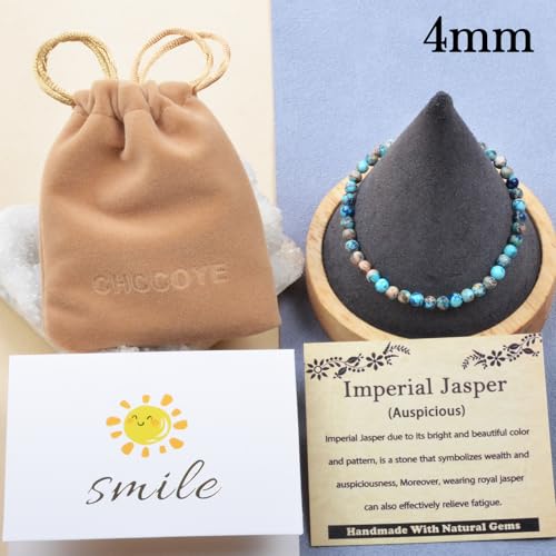 468Handmade Adjustable Natural Gemstone Crystal Bracelet Healing Power Energy Inspirational Gifts with Card for Unisex - color: 11-Imperial Jasper (Auspicious), size: 4mm