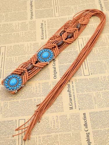 TeeYee Women's Waist Belt Adjustable Boho Style Handwoven Bohemia Tassel Rope Tie with Wooden Beads Braided Chain for Dress - color: Bw0272tan