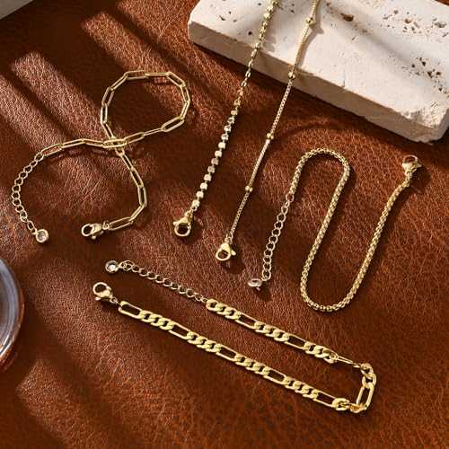 Gold Bracelets for Women, 14K Gold Plated Stackable Bracelet Stack Set Adjustable Charm Paperclip Chain Snake Link Layered Waterproof Jewelry Sets Gifts - style: Bracelets Set /2