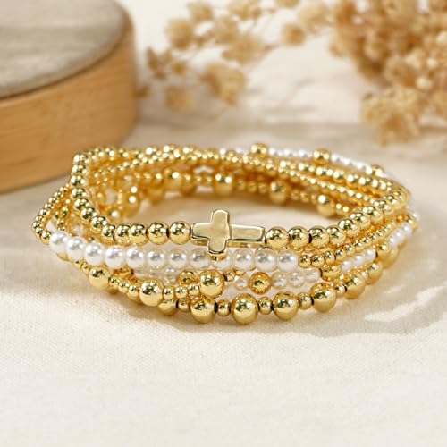 14K Gold Plated Beaded Bracelets Stack Set for Women,Stretch Boho Colorful Beads Ball Jewelry Friendship Summer Trendy - color: Cross
