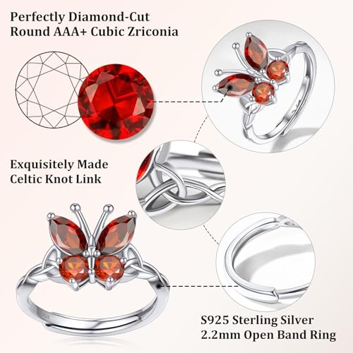 Bestyle 925 Sterling Silver Butterfly Ring Hypoallergnic Adjustable Birthstone Rings for Women Butterfly Jewelry Gifts for Anniversary Mothers' Day Birthday - color: 07.July(Ruby)-Ring