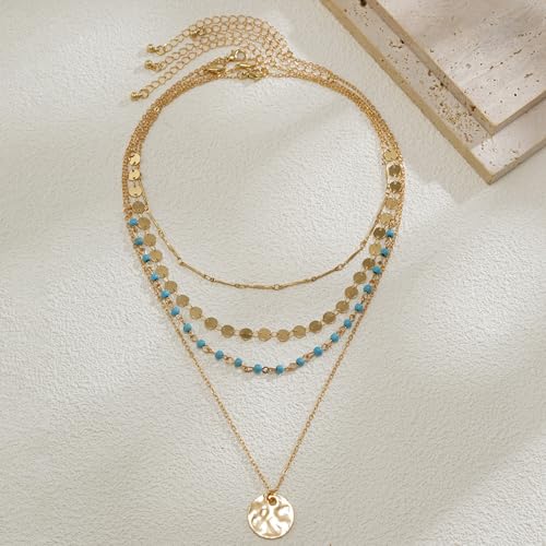 Boho Layered Gold Turquoise Necklace for Women Multi Strand Western Beach Jewelry Stackable Chain with Toggle Clasp Disc Pendant Trendy Fashion Jewelry - color: Gold-2