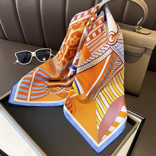 CHUNG Women's Scarf Hair Bandanas Square 27.5" Satin Wrap Fashion Pattern Scarves Emulation Silk Handbag Ribbons Necktie - color: Orange/Yellow Check-8#
