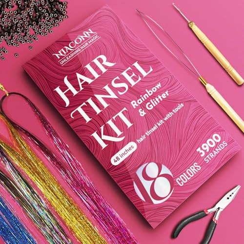 NIACONN Glitter Hair Tinsel Extensions Kit 18 Colors with Tools and Beads, 48 Inch Sparkly Fairy Colorful Tensile Strands Shiny Hair Accessories for Women Girls Kids - color: Colorful 18 Colors